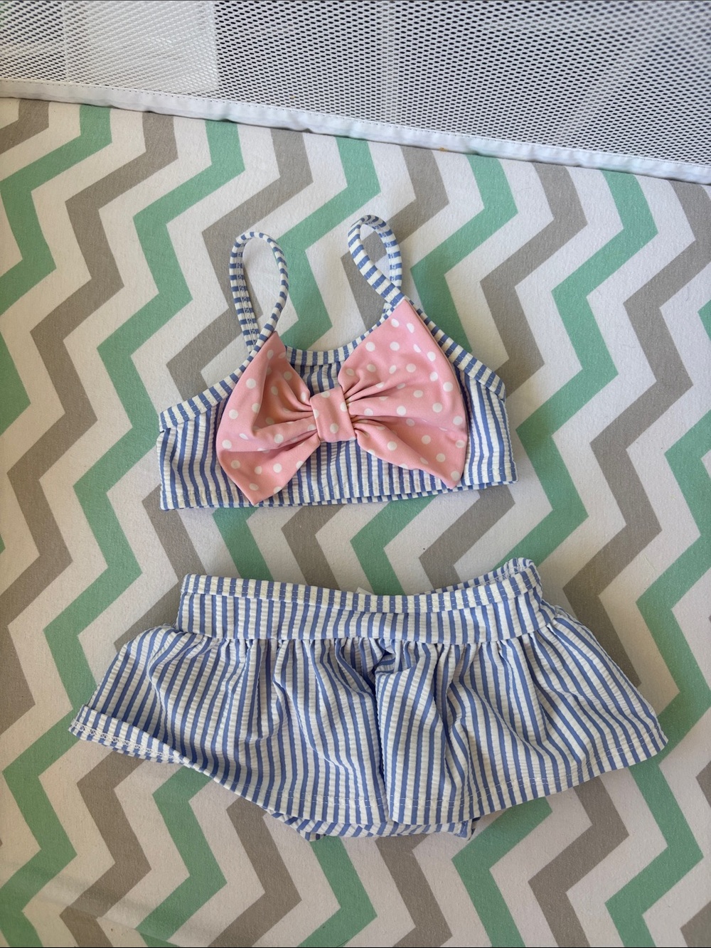 Ruffle Butts Blue & White Striped Two-Piece Bikini with Pink Bow